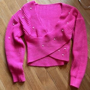 Amazon Bright Pink V-Neck Cropped Sweater with Pearl Embellishments